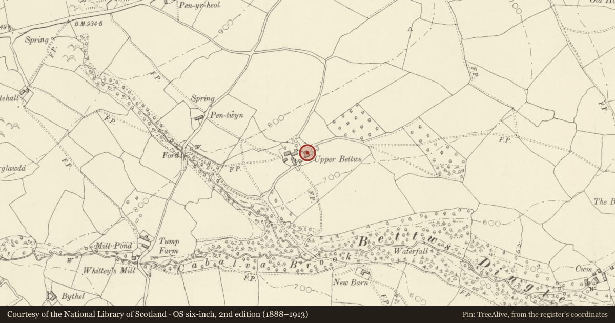 Ordnance Survey six-inch map, 2nd edition (1888–1913) covering the location of Cowhouse at Upper Bettws Farm, Clyro, Powys, with a pin at the register's coordinates