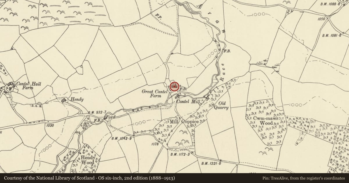 Ordnance Survey six-inch map, 2nd edition (1888–1913) covering the location of Great Cantal Farmhouse, including attached barn, Llanbister, Powys, with a pin at the register's coordinates