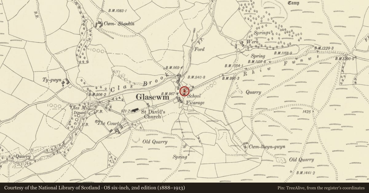 Ordnance Survey six-inch map, 2nd edition (1888–1913) covering the location of Telephone Call-box at road junction in centre of Glascwm, Powys, with a pin at the register's coordinates
