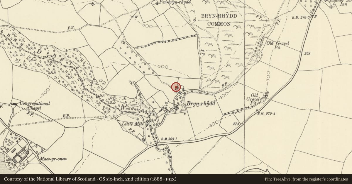 Ordnance Survey six-inch map, 2nd edition (1888–1913) covering the location of Bryn-yr-hydd Farmhouse, Glasbury, Powys, with a pin at the register's coordinates