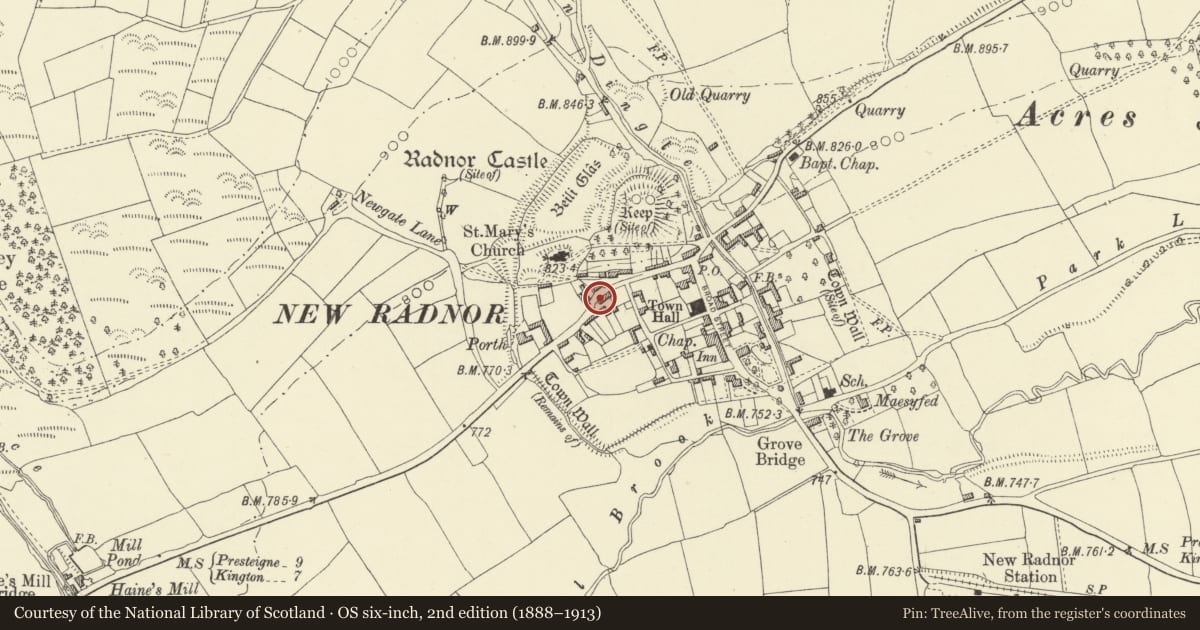 Ordnance Survey six-inch map, 2nd edition (1888–1913) covering the location of 9 Church Street, New Radnor, Powys, with a pin at the register's coordinates