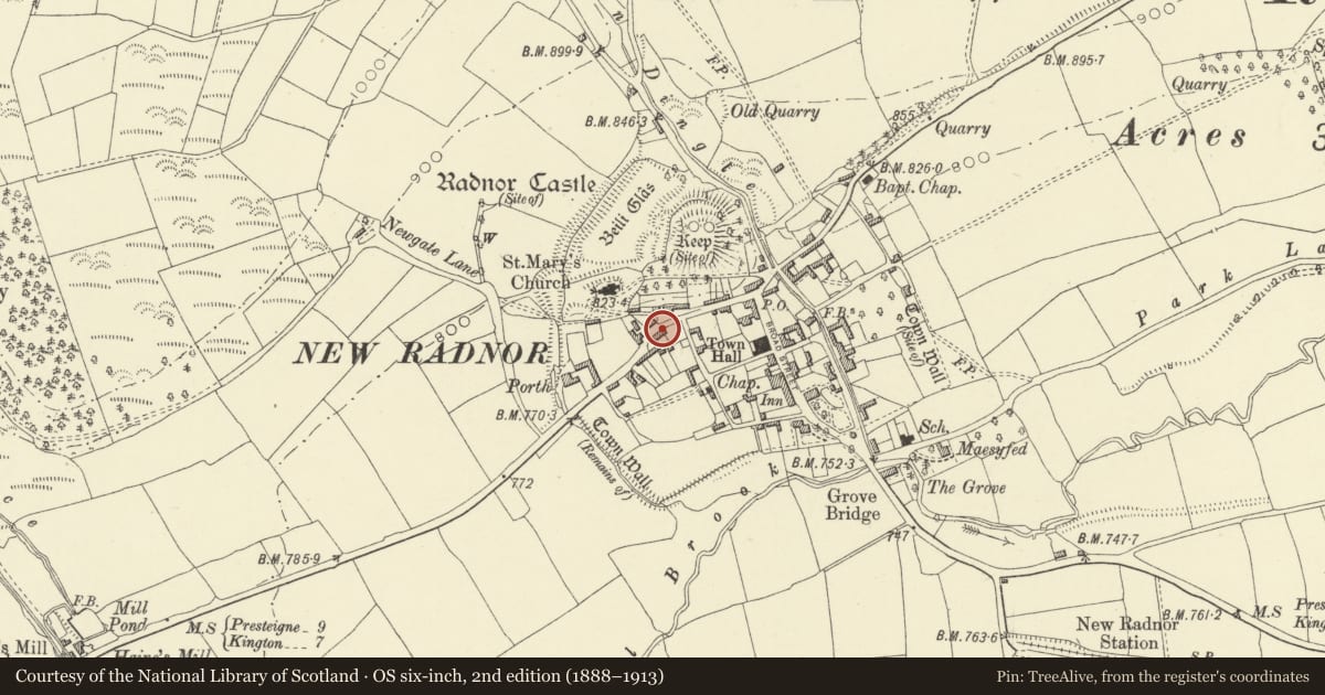 Ordnance Survey six-inch map, 2nd edition (1888–1913) covering the location of 12 Church Street, New Radnor, Powys, with a pin at the register's coordinates