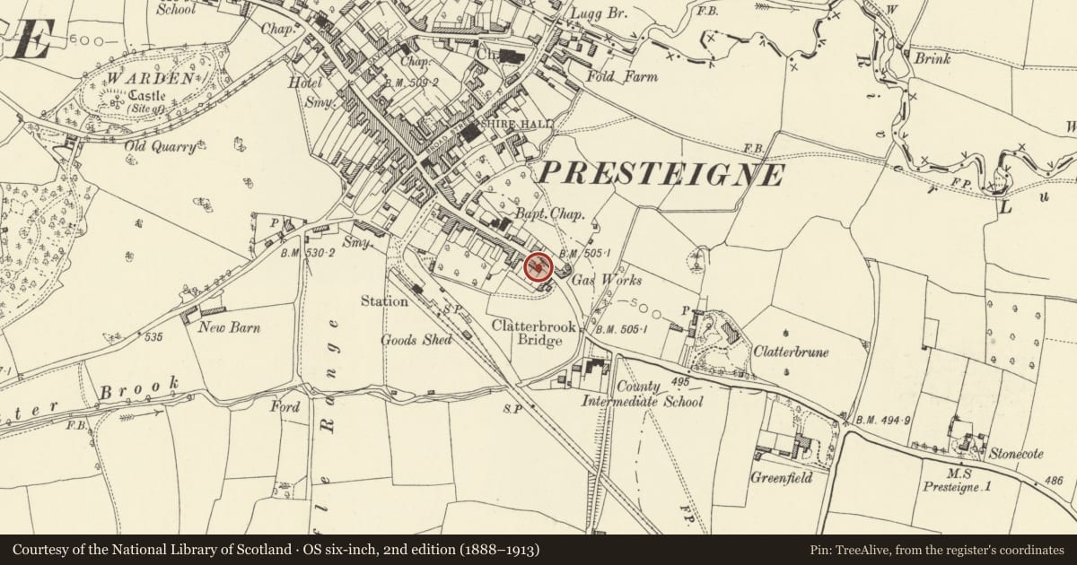 Ordnance Survey six-inch map, 2nd edition (1888–1913) covering the location of 26 Hereford Street, Presteigne, Powys, with a pin at the register's coordinates
