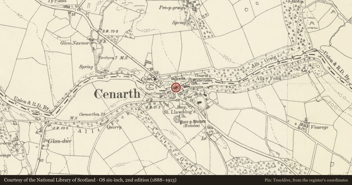 Ordnance Survey six-inch map, 2nd edition (1888–1913) covering the location of Cenarth Bridge (Partly in Ceredigion District), Carmarthenshire, with a pin at the register's coordinates