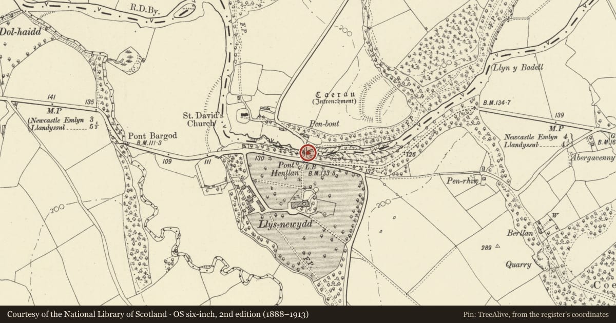 Ordnance Survey six-inch map, 2nd edition (1888–1913) covering the location of Pont Henllan, including walled approaches.., Llangeler, Carmarthenshire, with a pin at the register's coordinates