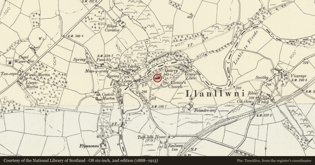 Ordnance Survey six-inch map, 2nd edition (1888–1913) covering the location of Church of St Luke or St Llonio, Llanllwni, Carmarthenshire, with a pin at the register's coordinates