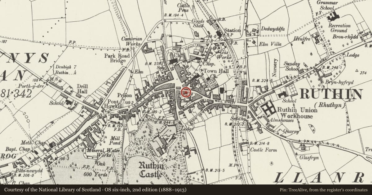 Ordnance Survey six-inch map, 2nd edition (1888–1913) covering the location of 6 Well Street including former workshop to rear, Ruthin, Denbighshire, with a pin at the register's coordinates