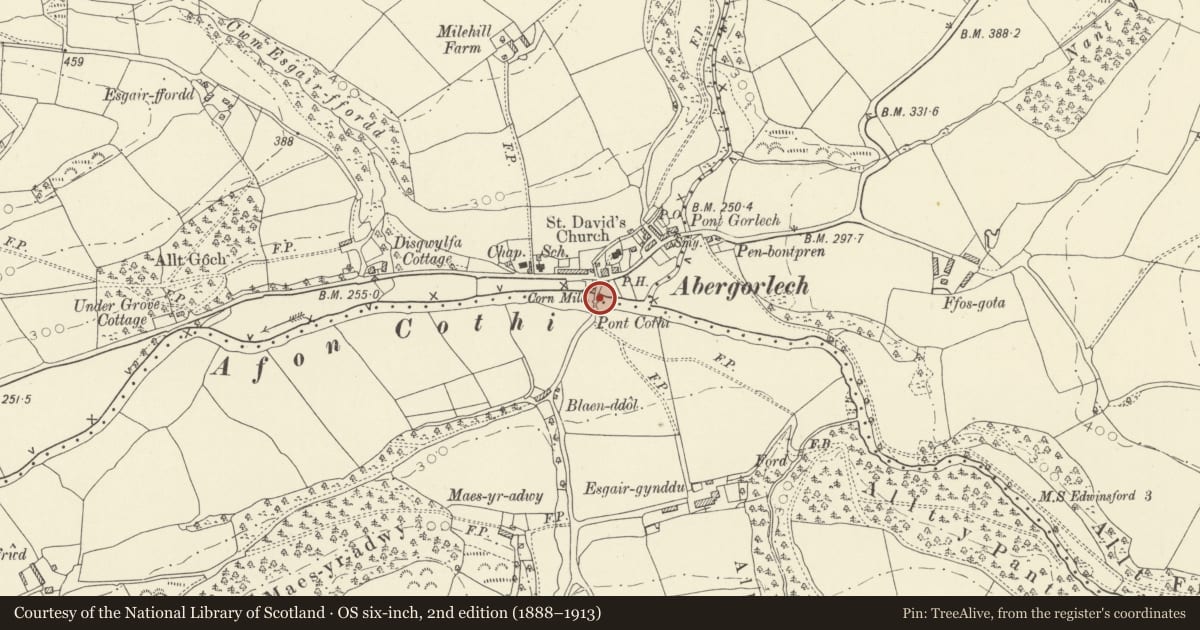 Ordnance Survey six-inch map, 2nd edition (1888–1913) covering the location of Pont Cothi (partly in Llanfynydd Community), Llanfihangel Rhos-y-Corn, Carmarthenshire, with a pin at the register's coordinates