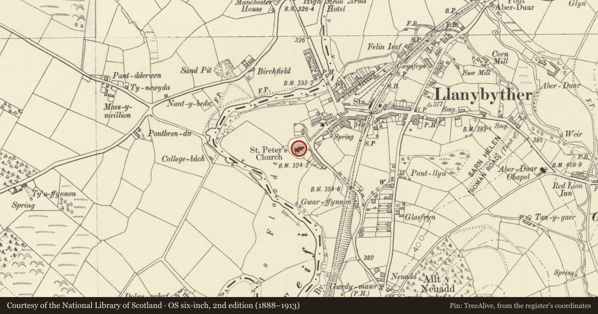 Ordnance Survey six-inch map, 2nd edition (1888–1913) covering the location of Church of St Peter, Llanybydder, Carmarthenshire, with a pin at the register's coordinates