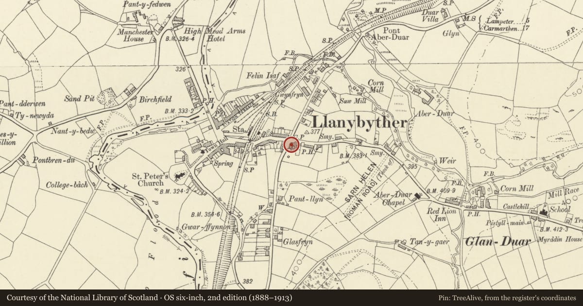 Ordnance Survey six-inch map, 2nd edition (1888–1913) covering the location of Cross Hands Hotel, Llanybydder, Carmarthenshire, with a pin at the register's coordinates