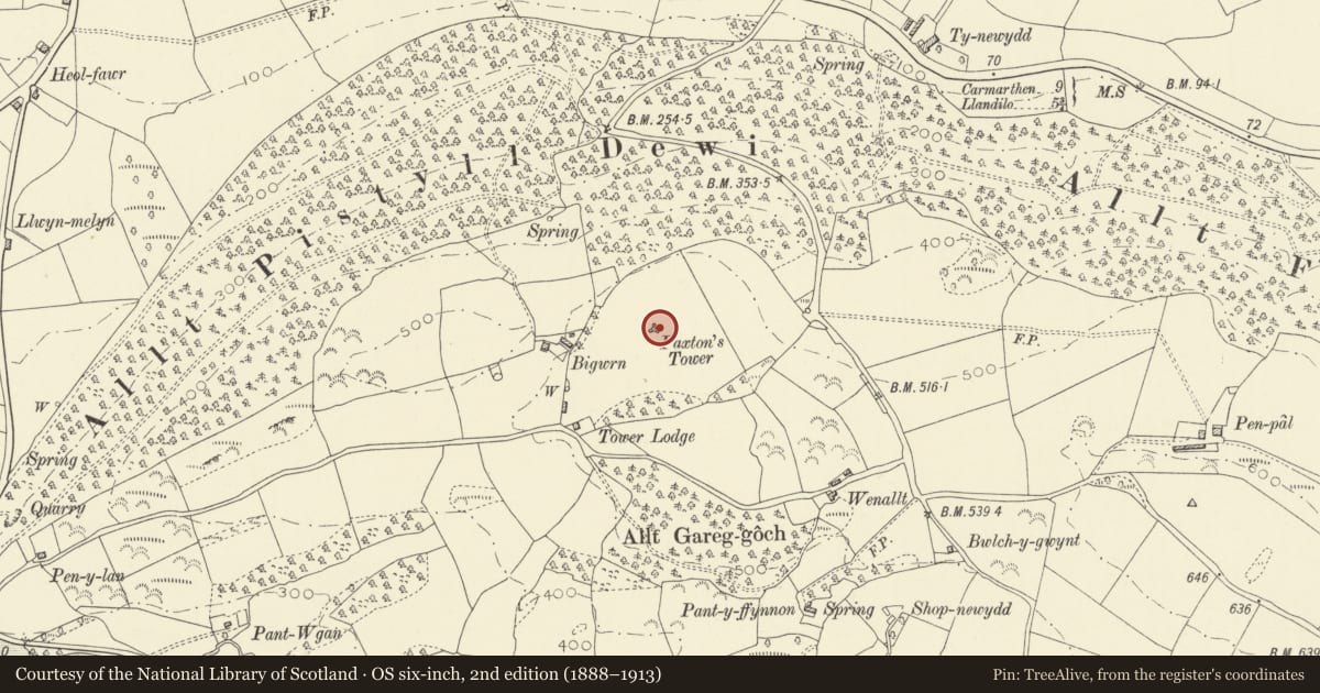 Ordnance Survey six-inch map, 2nd edition (1888–1913) covering the location of The Nelson Monument (also known as Paxton's Tower)., Llanarthney, Carmarthenshire, with a pin at the register's coordinates
