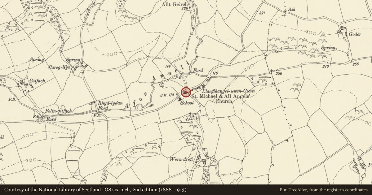 Ordnance Survey six-inch map, 2nd edition (1888–1913) covering the location of Church of St Michael, Abergwili, Carmarthenshire, with a pin at the register's coordinates