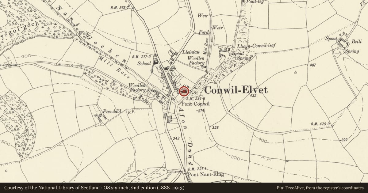 Ordnance Survey six-inch map, 2nd edition (1888–1913) covering the location of Church of Saint Cynwyl, Cynwyl Elfed, Carmarthenshire, with a pin at the register's coordinates