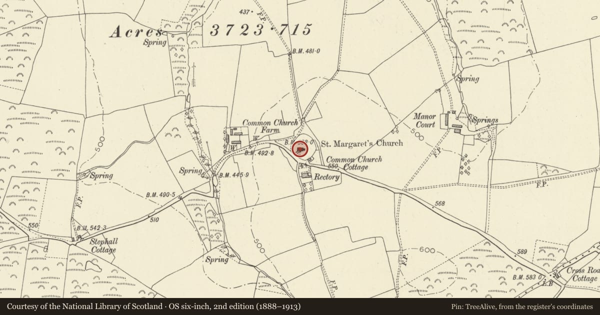 Ordnance Survey six-inch map, 2nd edition (1888–1913) covering the location of Church of St Margaret Marloes, Eglwyscummin, Carmarthenshire, with a pin at the register's coordinates