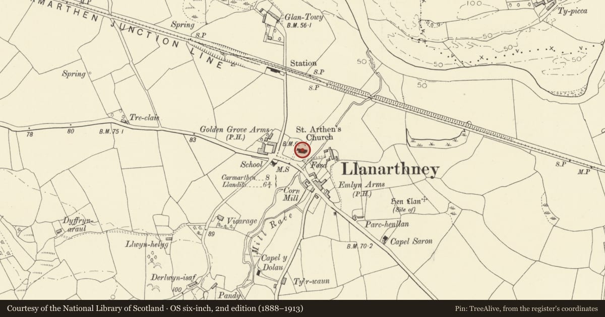 Ordnance Survey six-inch map, 2nd edition (1888–1913) covering the location of Church of St David (also known as Church of St Arthneu or St Arthney)., Llanarthney, Carmarthenshire, with a pin at the register's coordinates