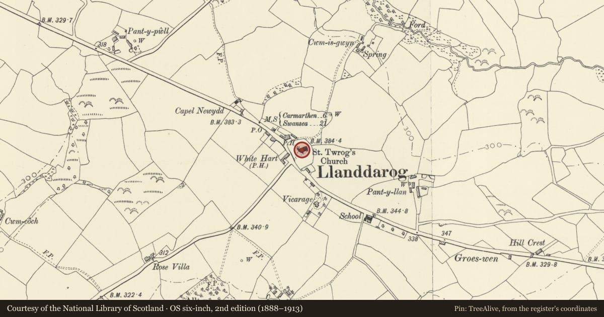 Ordnance Survey six-inch map, 2nd edition (1888–1913) covering the location of Church of St Twrog, Llanddarog, Carmarthenshire, with a pin at the register's coordinates