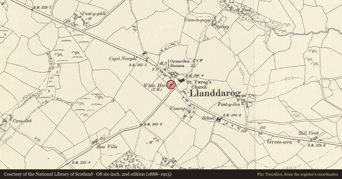 Ordnance Survey six-inch map, 2nd edition (1888–1913) covering the location of The White Hart, Llanddarog, Carmarthenshire, with a pin at the register's coordinates