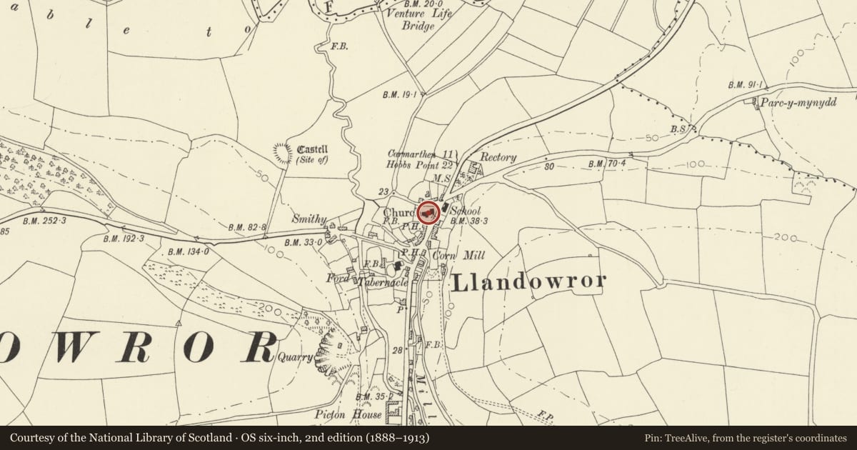 Ordnance Survey six-inch map, 2nd edition (1888–1913) covering the location of Church of Saint Teilo, Llanddowror, Carmarthenshire, with a pin at the register's coordinates