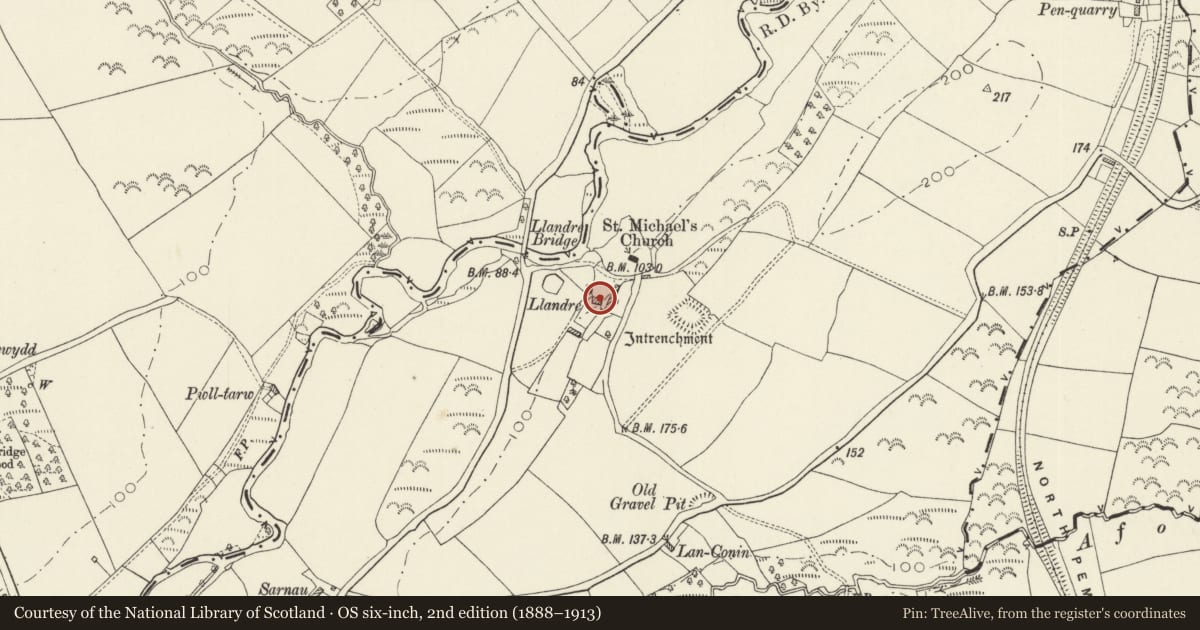 Ordnance Survey six-inch map, 2nd edition (1888–1913) covering the location of Llandre-Egremont Farmhouse, Clynderwen, Pembrokeshire, with a pin at the register's coordinates