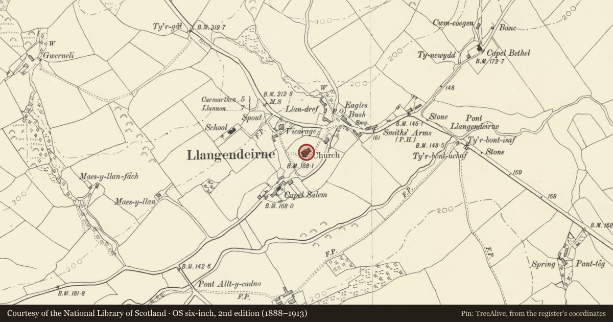 Ordnance Survey six-inch map, 2nd edition (1888–1913) covering the location of Church of St Cyndeyrn, Llangyndeyrn, Carmarthenshire, with a pin at the register's coordinates