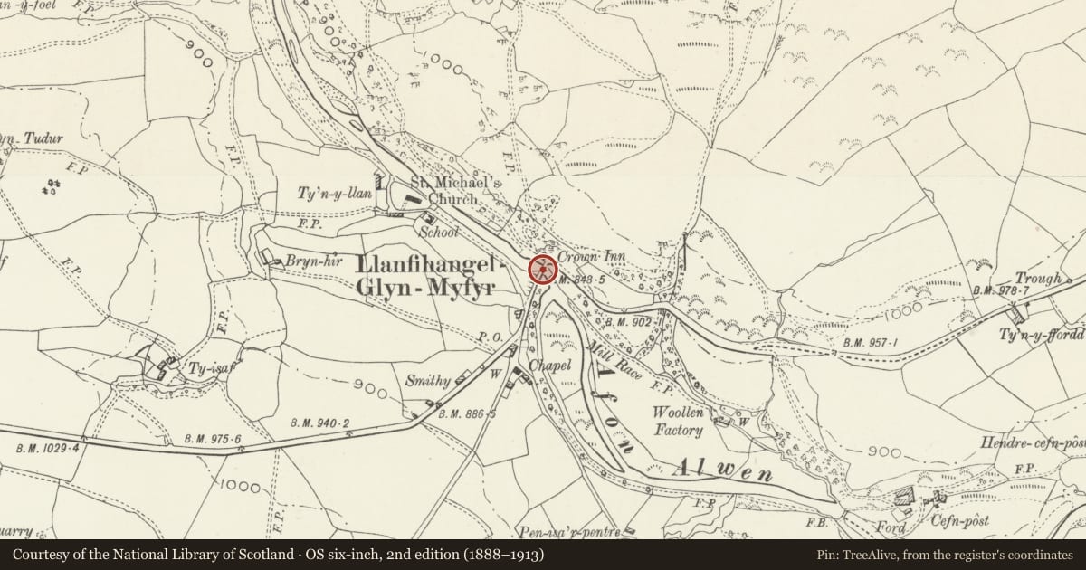 Ordnance Survey six-inch map, 2nd edition (1888–1913) covering the location of Pont Llanfihangel, Llanfihangel Glyn Myfyr, Conwy, with a pin at the register's coordinates