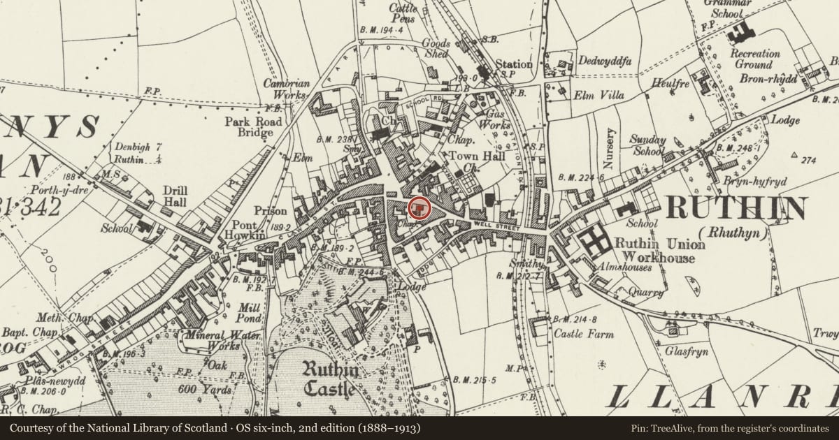 Ordnance Survey six-inch map, 2nd edition (1888–1913) covering the location of 8 Well Street, Ruthin, Denbighshire, with a pin at the register's coordinates