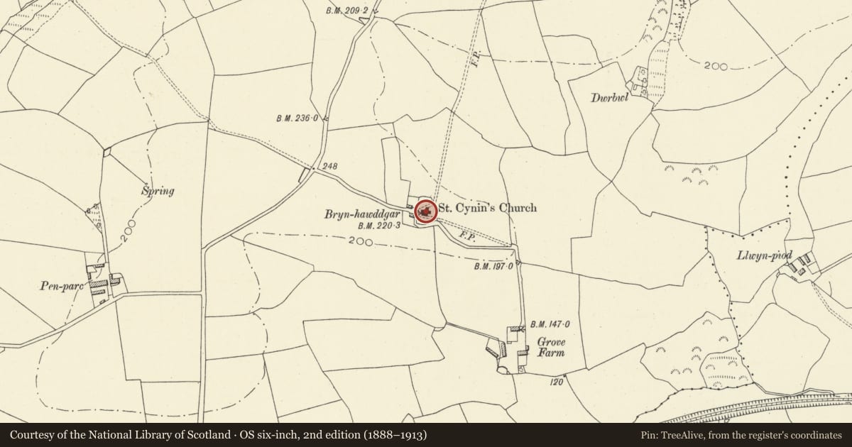 Ordnance Survey six-inch map, 2nd edition (1888–1913) covering the location of Church of Saint Cynin, Llangynin, Carmarthenshire, with a pin at the register's coordinates