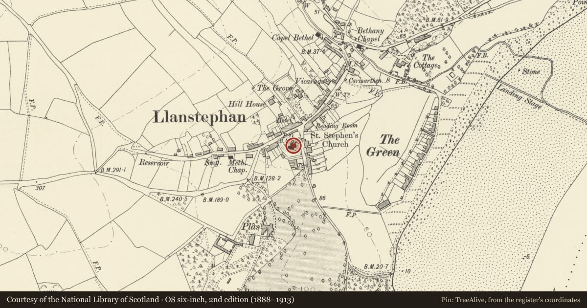 Ordnance Survey six-inch map, 2nd edition (1888–1913) covering the location of Church of St Ystyffan, Llansteffan, Carmarthenshire, with a pin at the register's coordinates