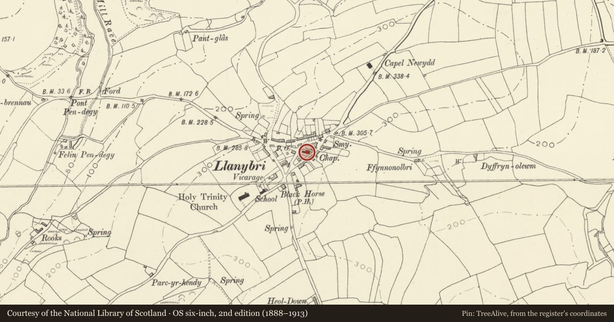 Ordnance Survey six-inch map, 2nd edition (1888–1913) covering the location of Tower of Yr Hen Gapel, including attached wall-footings, Llansteffan, Carmarthenshire, with a pin at the register's coordinates