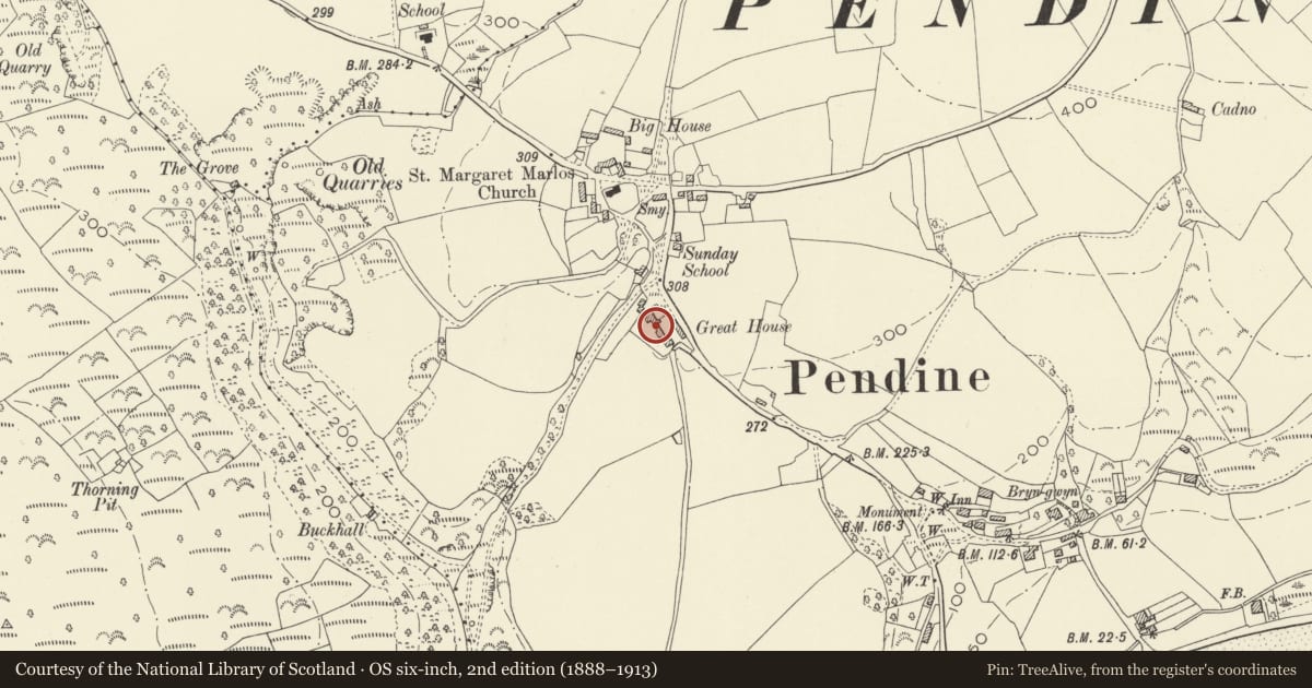 Ordnance Survey six-inch map, 2nd edition (1888–1913) covering the location of The Great House and attached outbuildings, Pendine, Carmarthenshire, with a pin at the register's coordinates