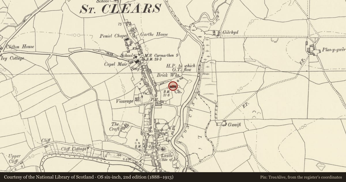 Ordnance Survey six-inch map, 2nd edition (1888–1913) covering the location of Parish Church of St Mary Magdalene, St. Clears, Carmarthenshire, with a pin at the register's coordinates