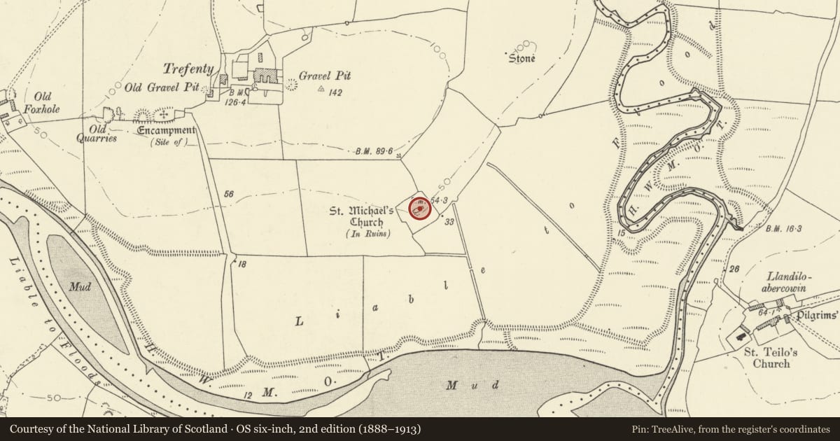 Ordnance Survey six-inch map, 2nd edition (1888–1913) covering the location of Ruins of former St Michael's Parish Church, St. Clears, Carmarthenshire, with a pin at the register's coordinates