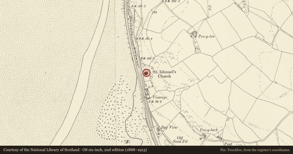 Ordnance Survey six-inch map, 2nd edition (1888–1913) covering the location of Church of St Ishmael, St. Ishmael, Carmarthenshire, with a pin at the register's coordinates