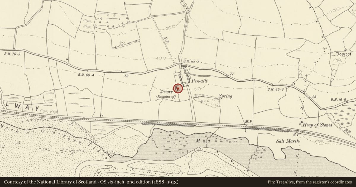 Ordnance Survey six-inch map, 2nd edition (1888–1913) covering the location of Remains of monastic grange at Penallt Farm, St. Ishmael, Carmarthenshire, with a pin at the register's coordinates