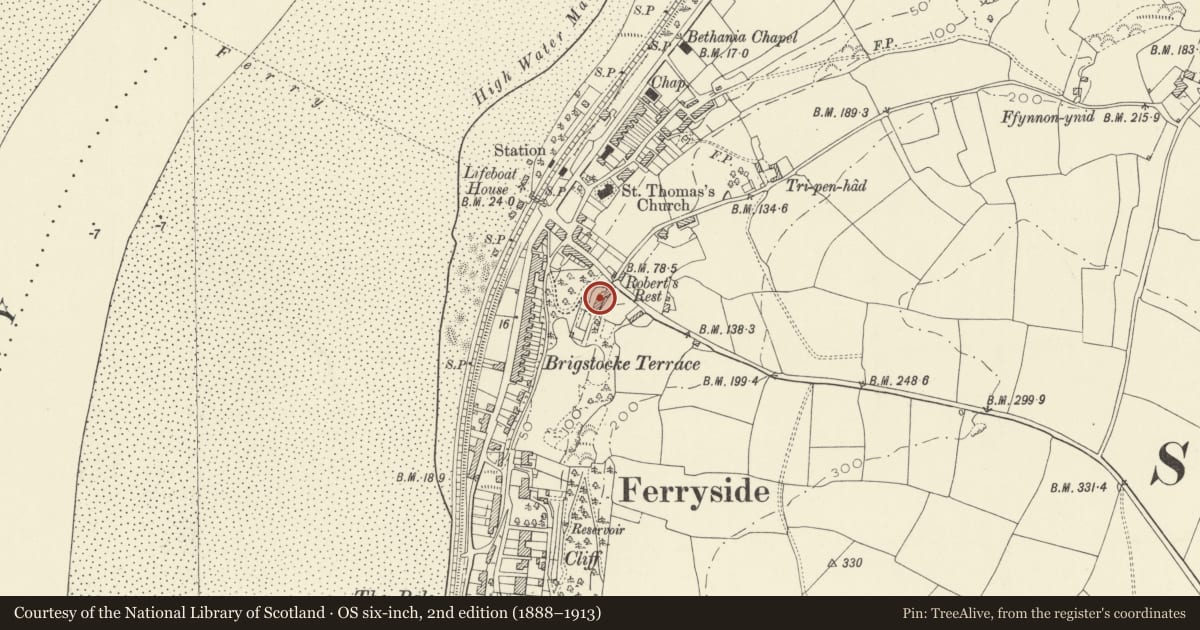 Ordnance Survey six-inch map, 2nd edition (1888–1913) covering the location of Robert's Rest, St. Ishmael, Carmarthenshire, with a pin at the register's coordinates