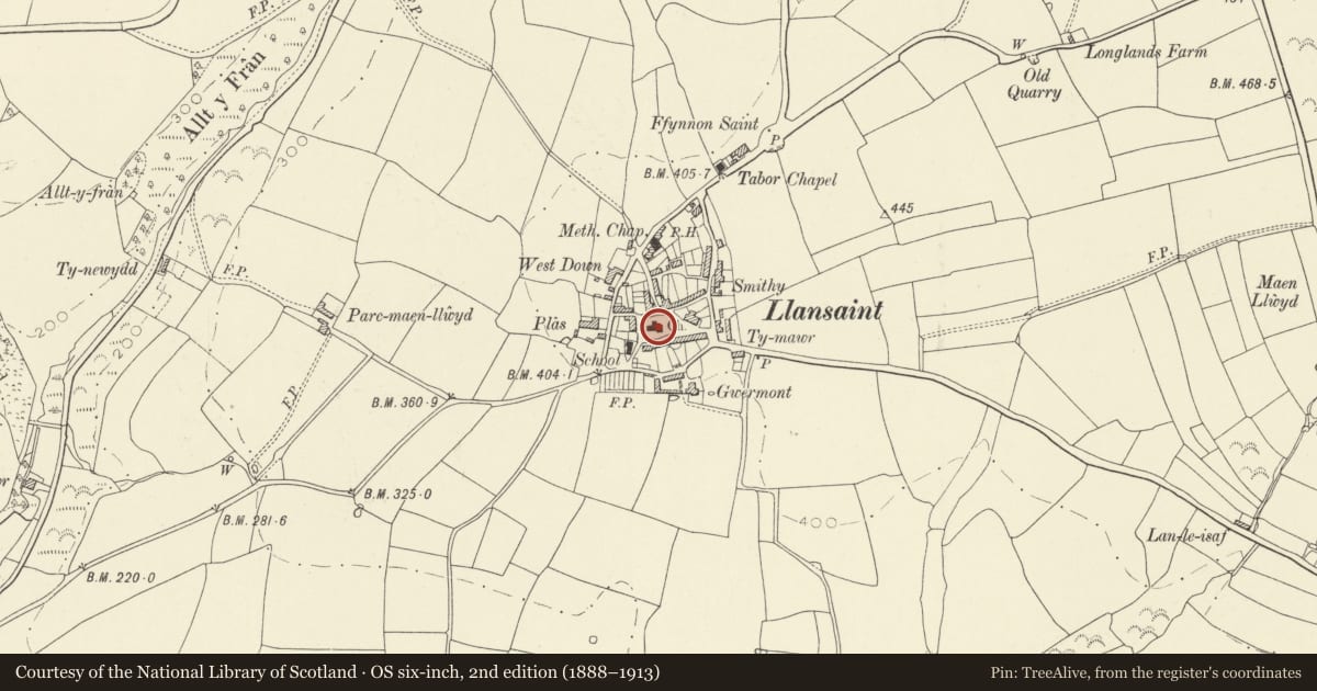 Ordnance Survey six-inch map, 2nd edition (1888–1913) covering the location of Church of All Saints, St. Ishmael, Carmarthenshire, with a pin at the register's coordinates