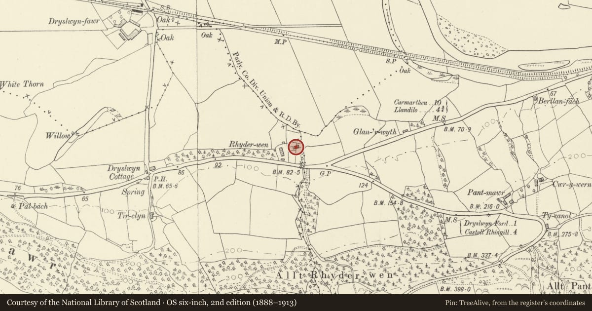 Ordnance Survey six-inch map, 2nd edition (1888–1913) covering the location of Rhydarwen (also known as Rhyd-owen)., Llanarthney, Carmarthenshire, with a pin at the register's coordinates