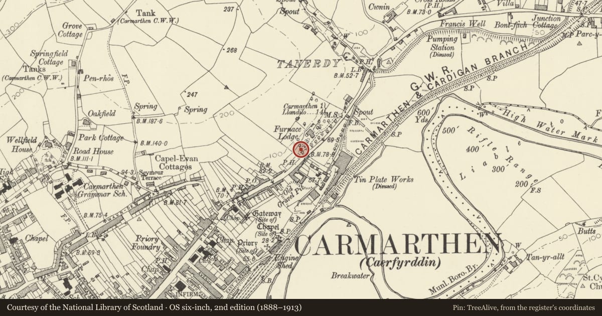 Ordnance Survey six-inch map, 2nd edition (1888–1913) covering the location of Entrance gates to Y Garreg Filltir, Carmarthen, Carmarthenshire, with a pin at the register's coordinates