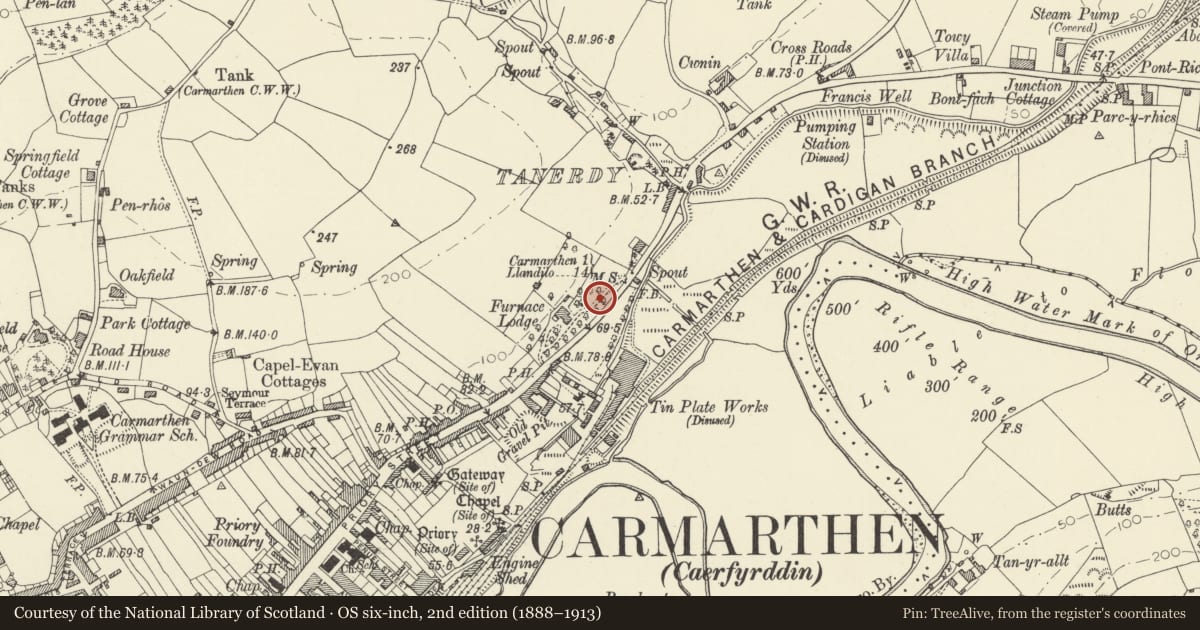 Ordnance Survey six-inch map, 2nd edition (1888–1913) covering the location of Gates at former NE entrance to Y Garreg Filltir, Carmarthen, Carmarthenshire, with a pin at the register's coordinates