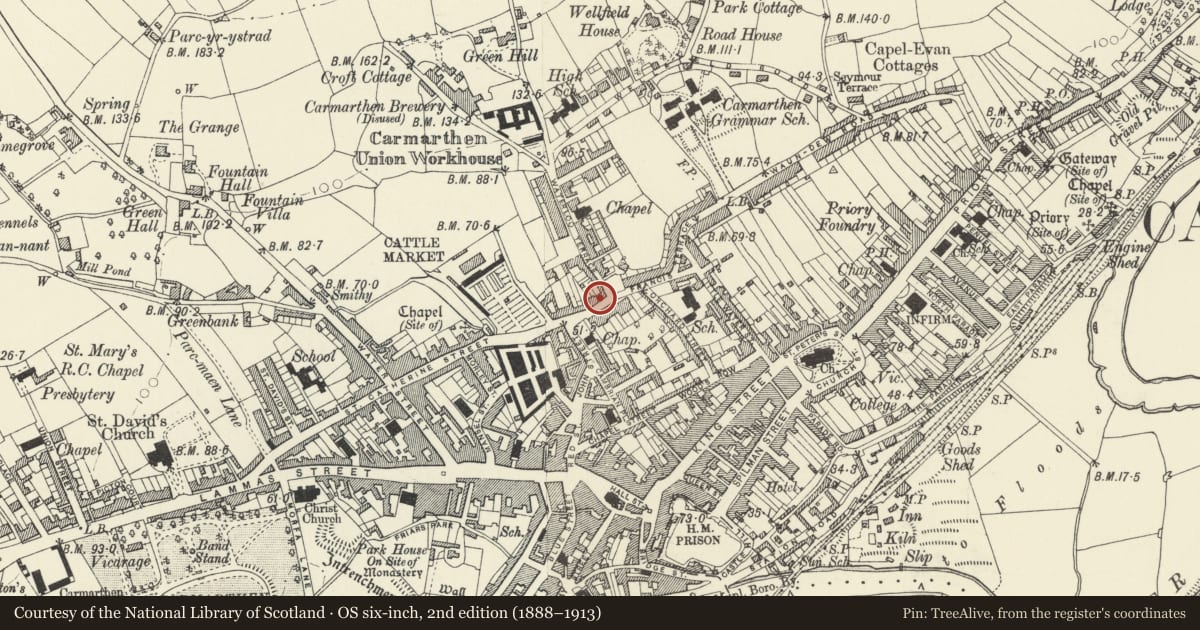 Ordnance Survey six-inch map, 2nd edition (1888–1913) covering the location of 2 Barn Road, Carmarthen, Carmarthenshire, with a pin at the register's coordinates