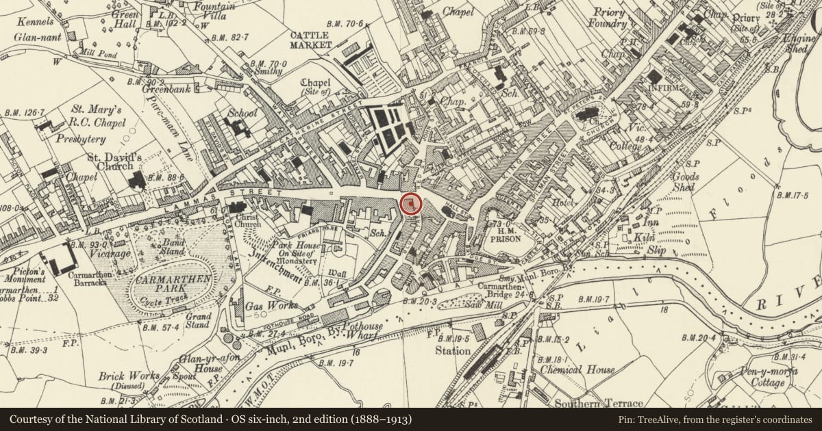 Ordnance Survey six-inch map, 2nd edition (1888–1913) covering the location of 1, Carmarthen, Carmarthenshire, with a pin at the register's coordinates