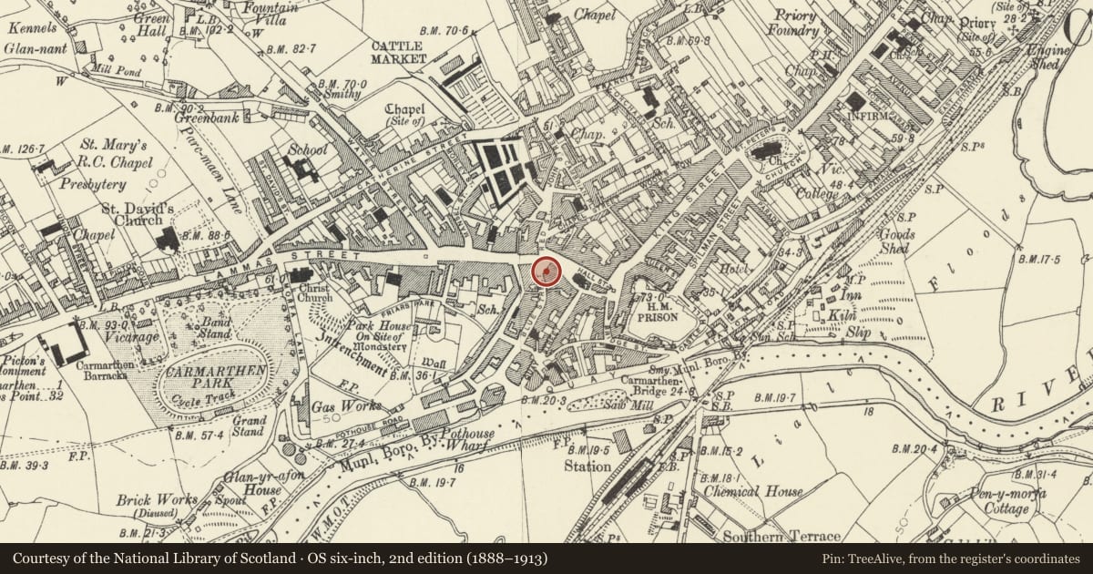 Ordnance Survey six-inch map, 2nd edition (1888–1913) covering the location of 36 Blue Street, Carmarthen, Carmarthenshire, with a pin at the register's coordinates
