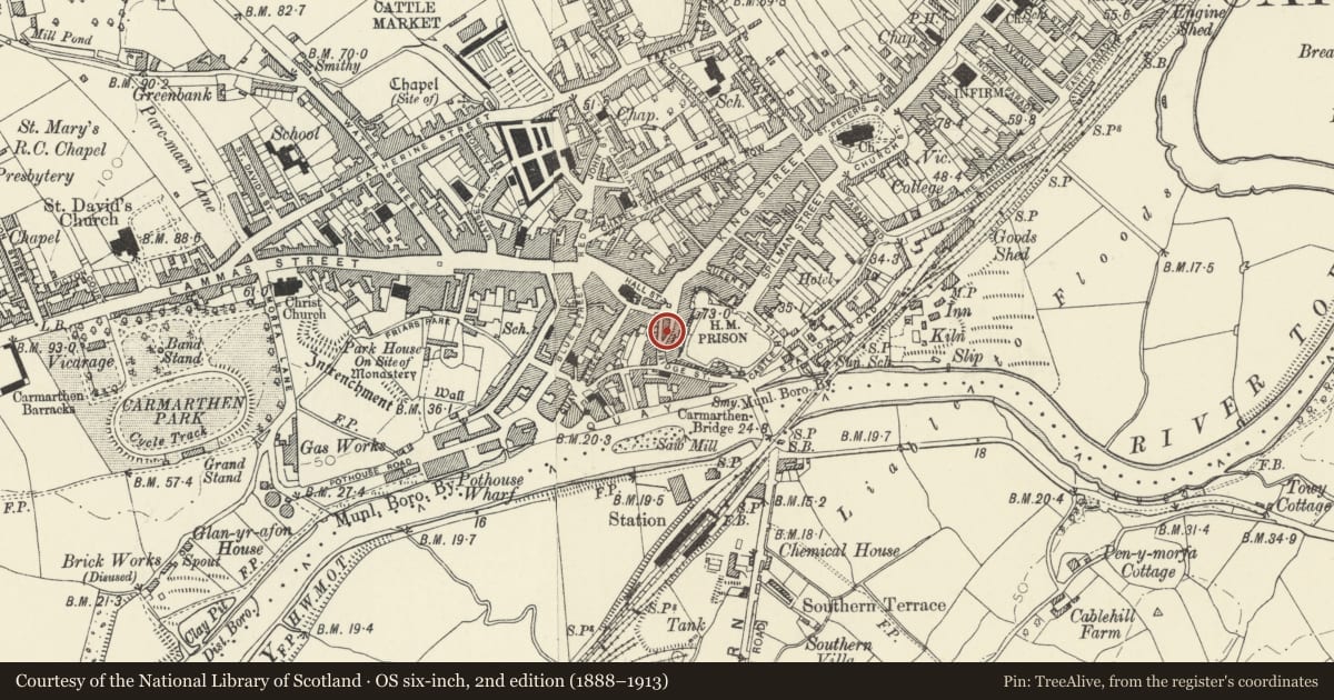 Ordnance Survey six-inch map, 2nd edition (1888–1913) covering the location of 23 Bridge Street, Carmarthen, Carmarthenshire, with a pin at the register's coordinates