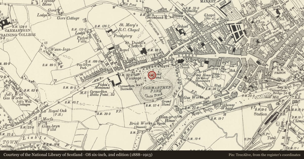 Ordnance Survey six-inch map, 2nd edition (1888–1913) covering the location of Bandstand in Carmarthen Park, Carmarthenshire, with a pin at the register's coordinates