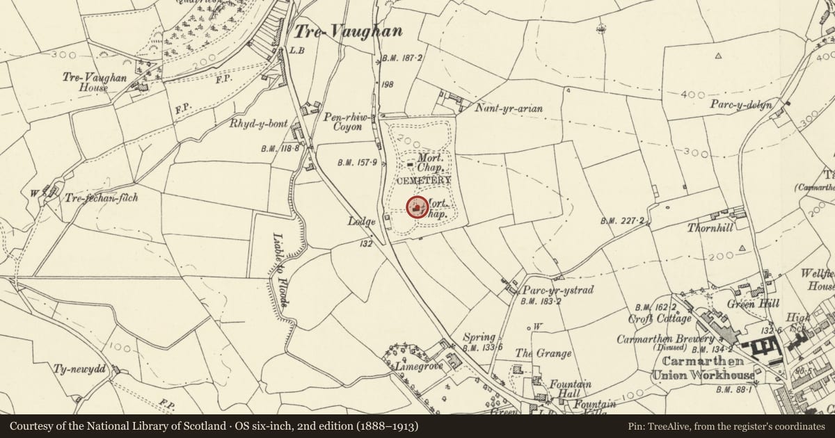 Ordnance Survey six-inch map, 2nd edition (1888–1913) covering the location of Carmarthen Cemetery Chapel, Carmarthenshire, with a pin at the register's coordinates