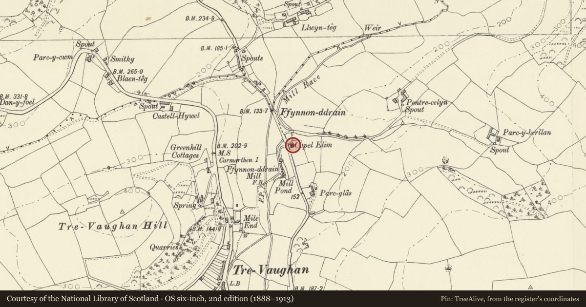Ordnance Survey six-inch map, 2nd edition (1888–1913) covering the location of Elim independent Chapel, Carmarthen, Carmarthenshire, with a pin at the register's coordinates