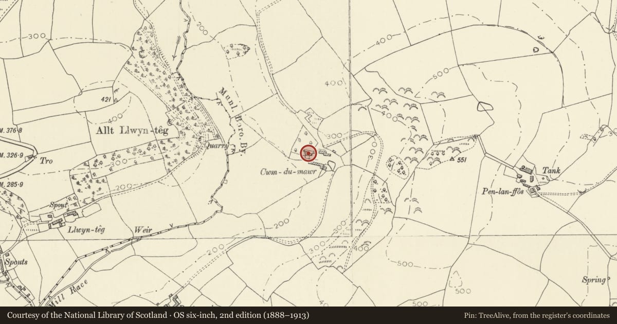 Ordnance Survey six-inch map, 2nd edition (1888–1913) covering the location of Cwmdu Mawr Farmhouse, Carmarthen, Carmarthenshire, with a pin at the register's coordinates