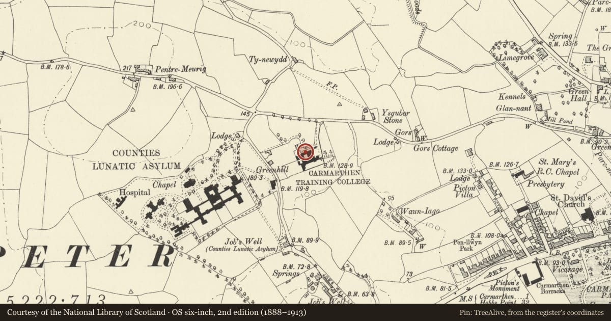 Ordnance Survey six-inch map, 2nd edition (1888–1913) covering the location of Trinity College (original range with additions), Carmarthen, Carmarthenshire, with a pin at the register's coordinates
