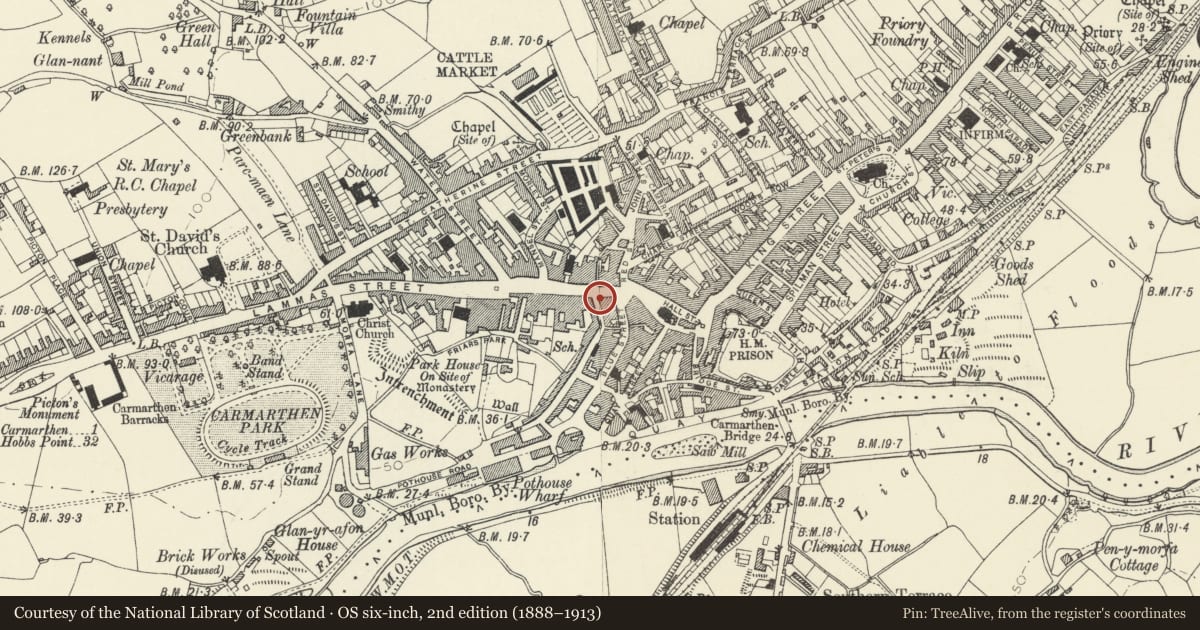 Ordnance Survey six-inch map, 2nd edition (1888–1913) covering the location of Carmarthen House, Carmarthenshire, with a pin at the register's coordinates