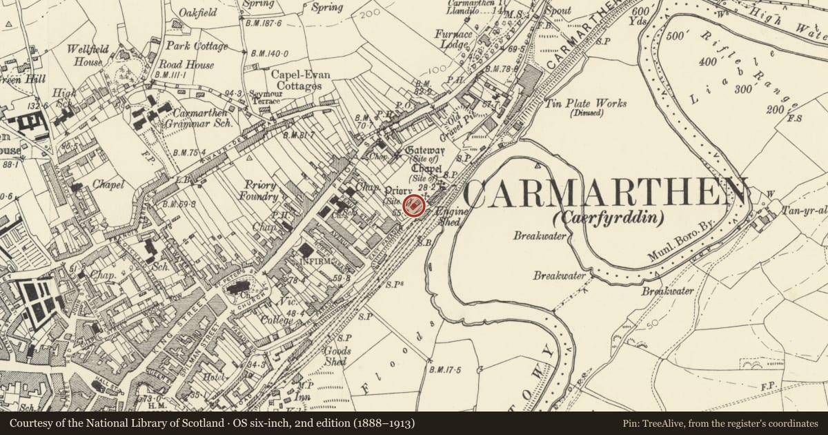 Ordnance Survey six-inch map, 2nd edition (1888–1913) covering the location of The Old Grammar School, Carmarthen, Carmarthenshire, with a pin at the register's coordinates